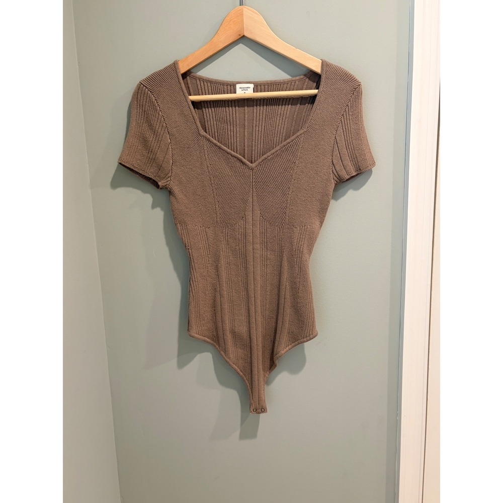 Abercrombie & Fitch Ribbed Sweetheart Neck Bodysuit Taupe Brown Medium
